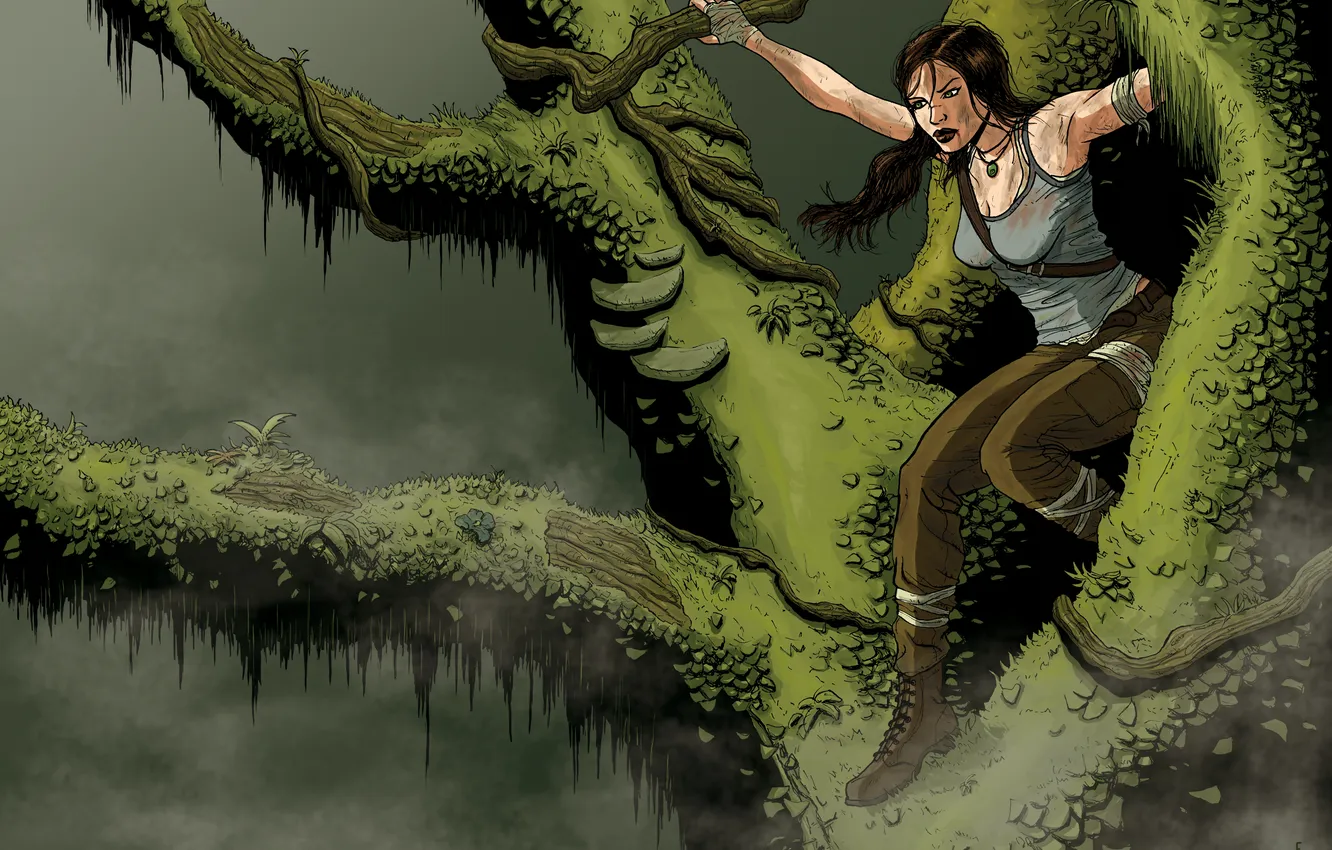 Photo wallpaper look, girl, trees, branches, face, hair, the game, art