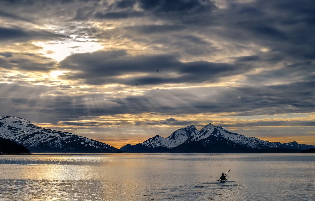 Photo wallpaper mountains, lake, boat, the evening