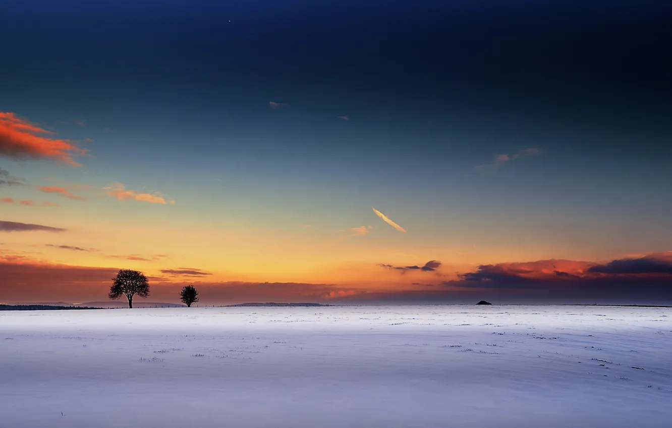 Photo wallpaper winter, field, sunset