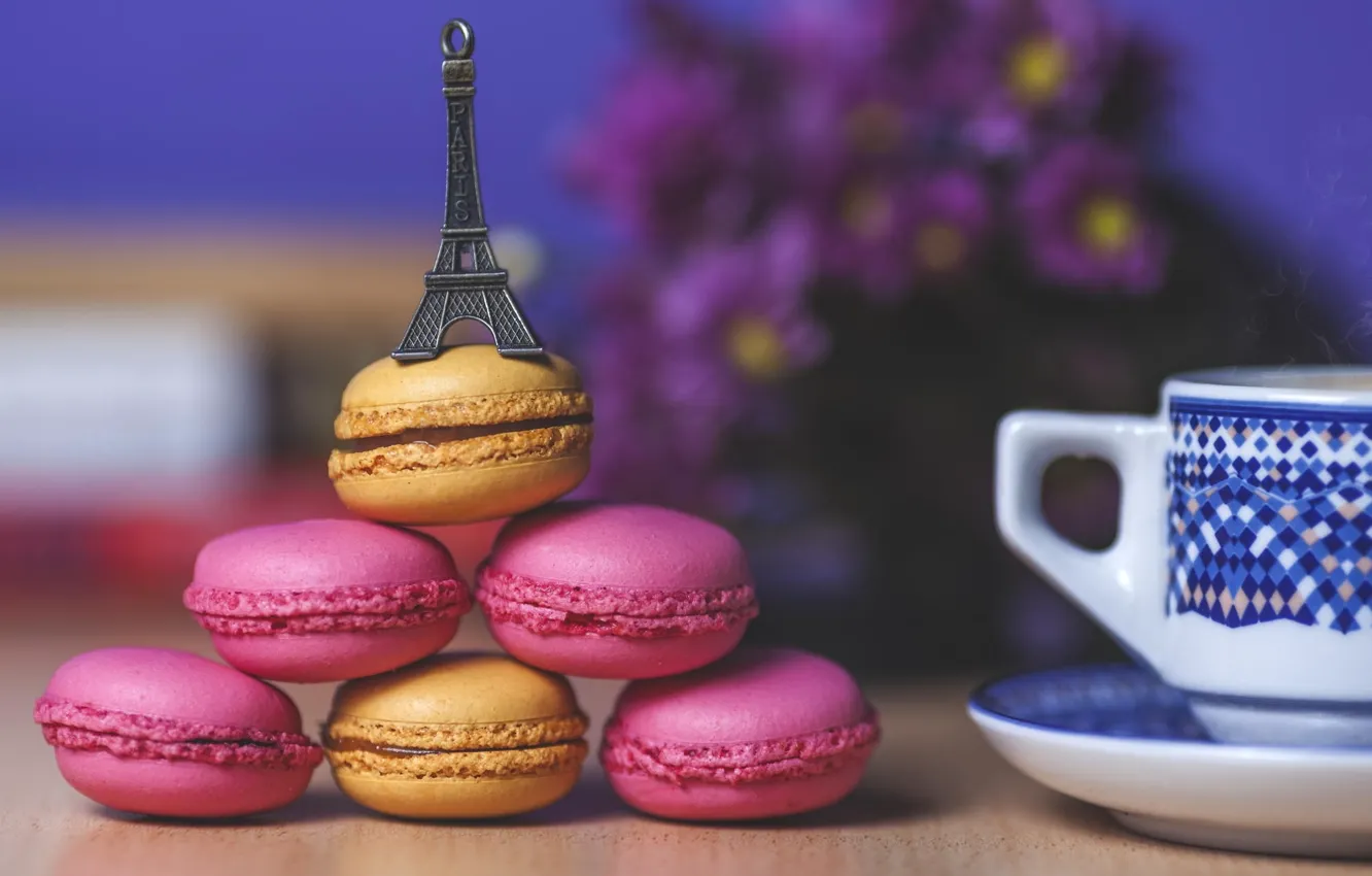 Photo wallpaper food, cookies, mug, Cup, sweets, Eiffel tower, souvenir, macaron