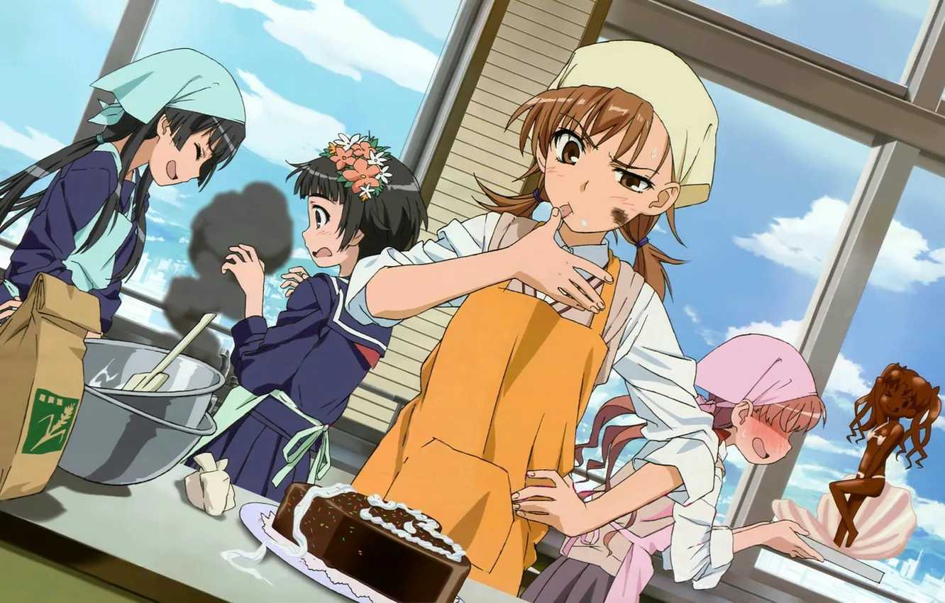 Photo wallpaper kitchen, girls, Toaru Kagaku no Railgun, cooking, Of Shirai Kuroko, Mikoto Misaka, Kazari Uiharu, Ruiko …