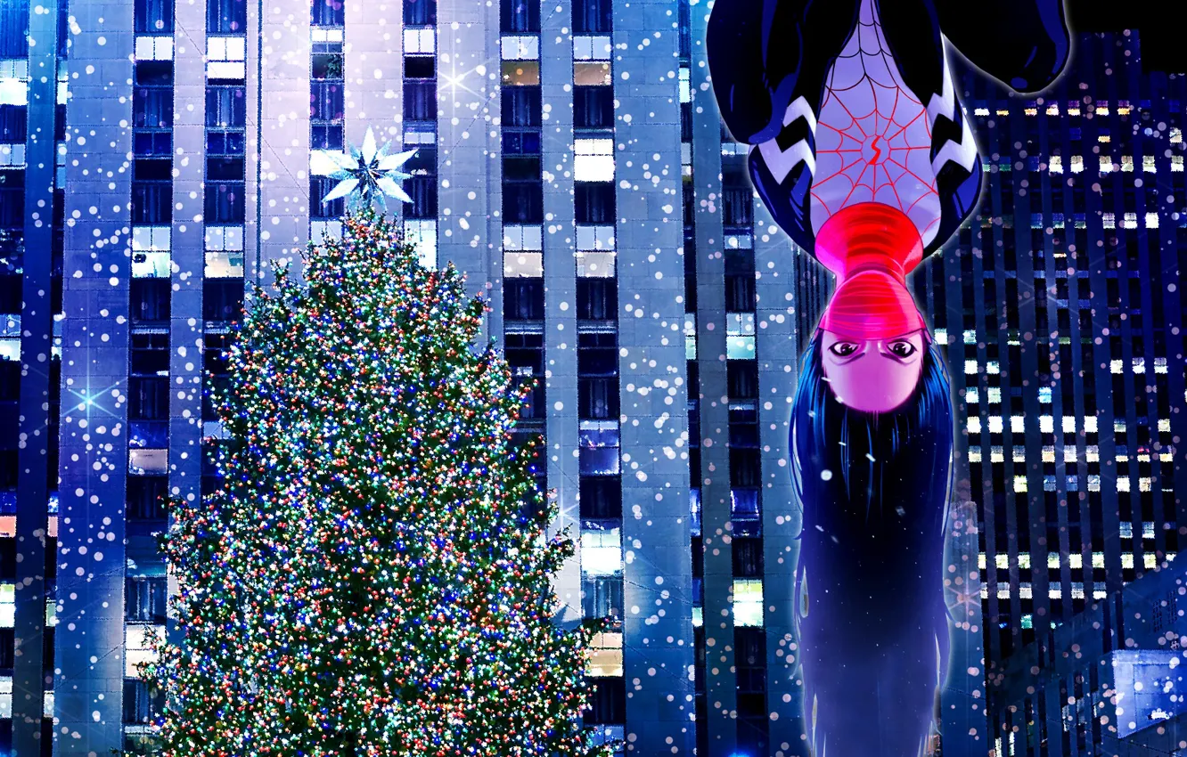 Photo wallpaper girl, tree, spider, Christmas