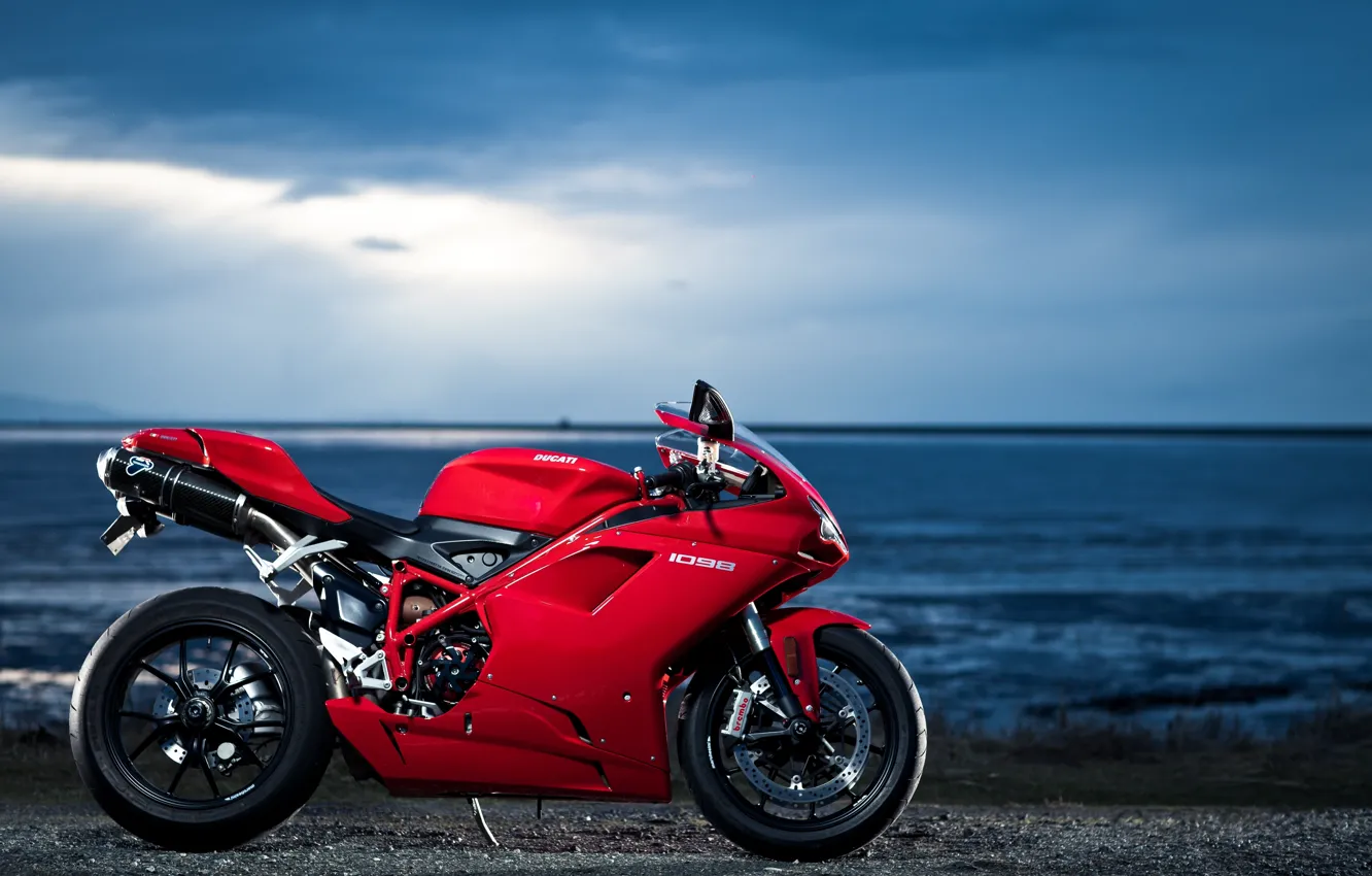 Photo wallpaper the sky, red, clouds, the ocean, profile, red, ducati, Ducati