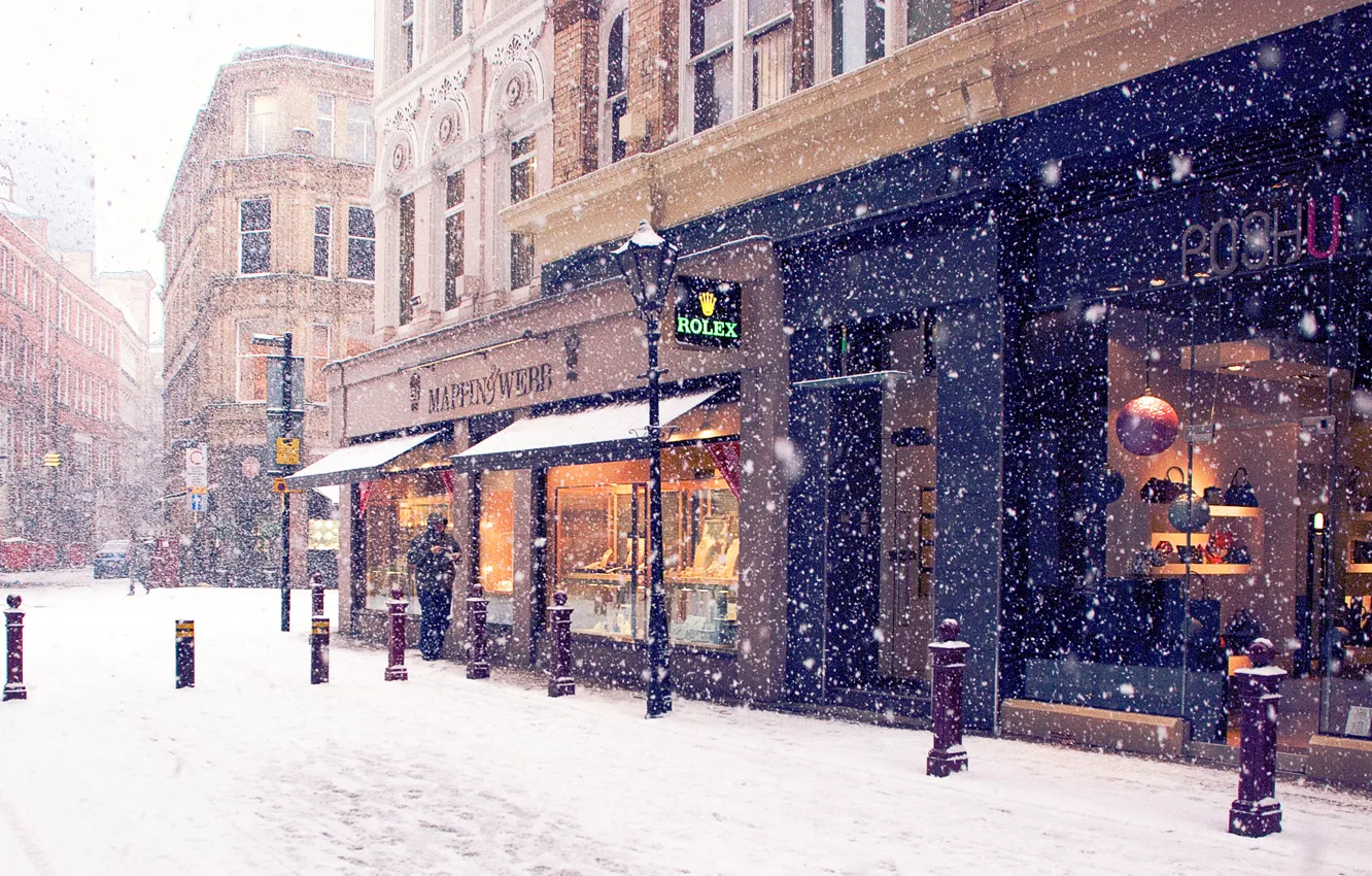 Photo wallpaper winter, snow, the city, street, Europe, shop
