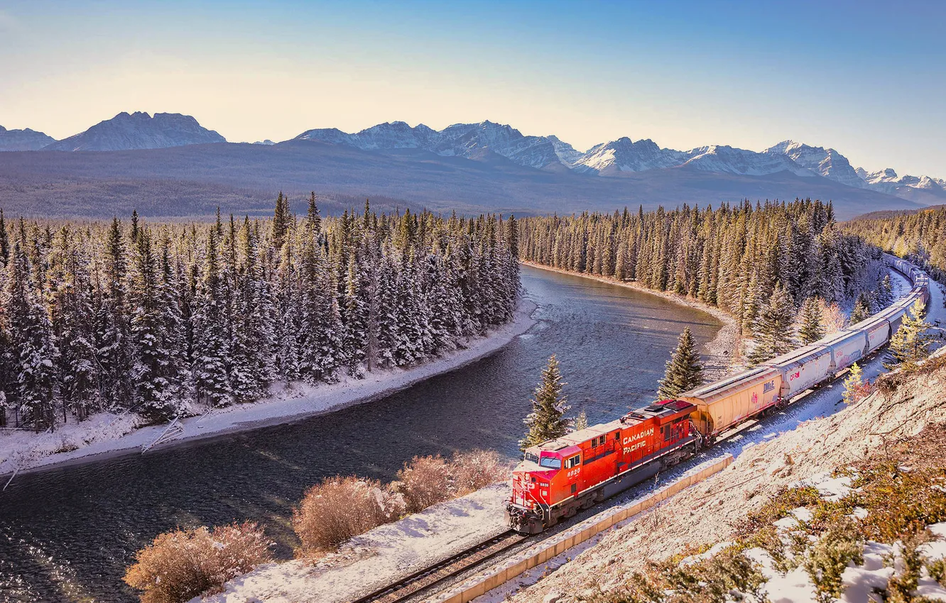 Photo wallpaper winter, frost, forest, mountains, river, shore, tops, view