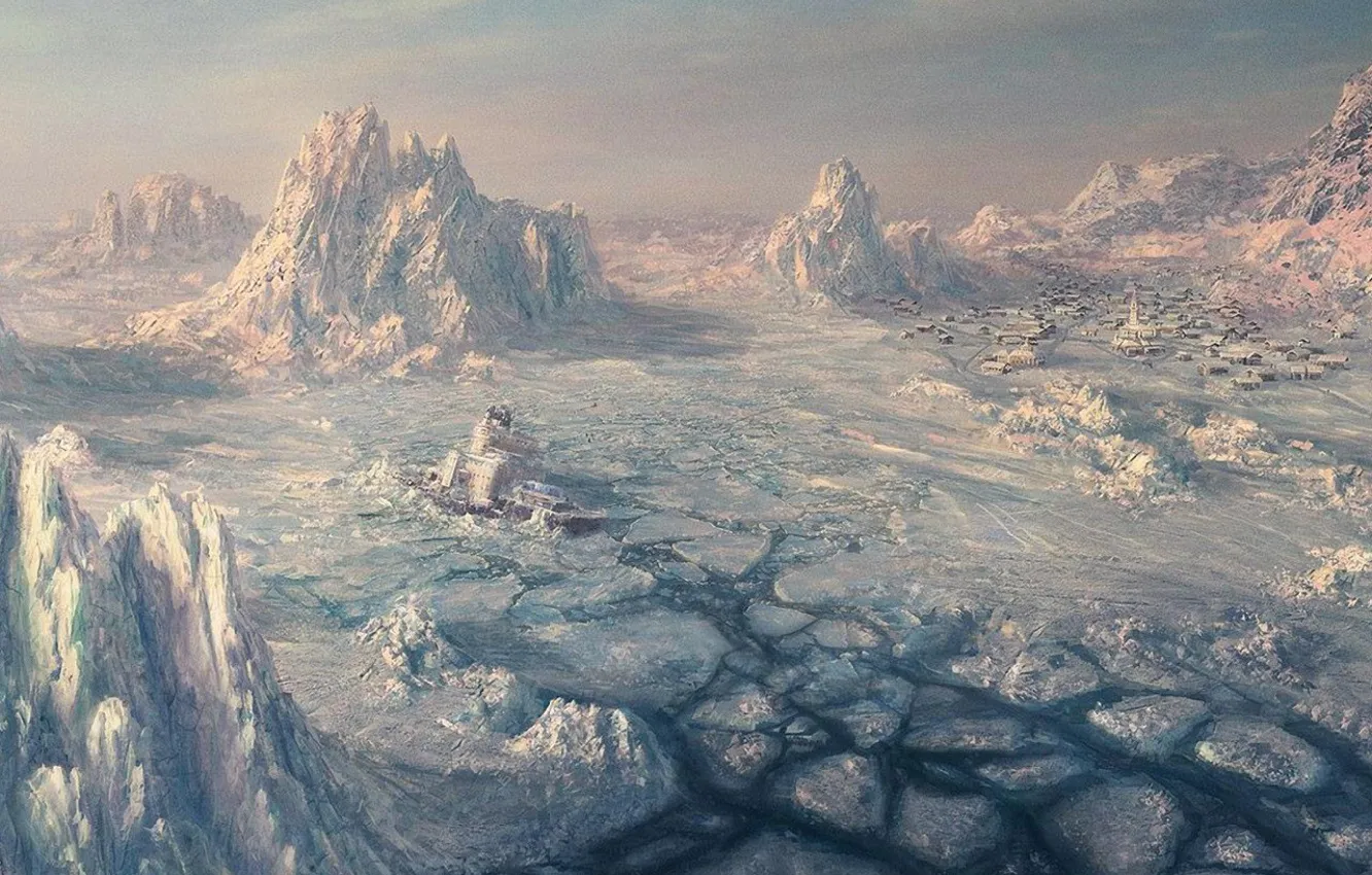 Photo wallpaper ice, snow, mountains, ship, the crash, village