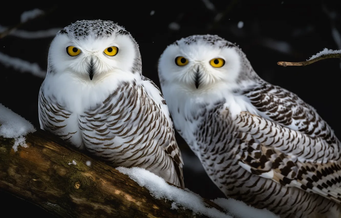Photo wallpaper winter, white, look, snow, trees, the dark background, owl, bird