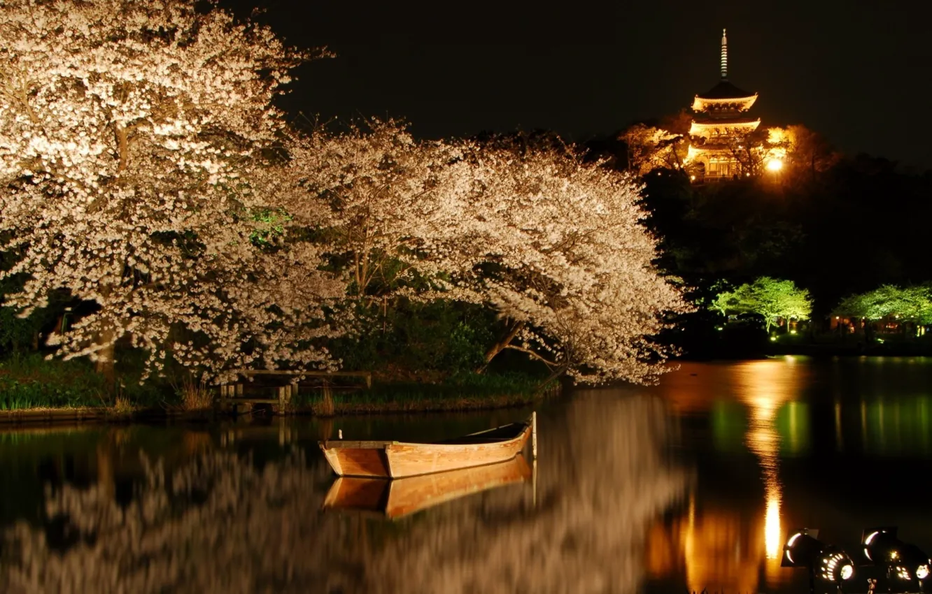Photo wallpaper boat, Sakura, backlight, pagoda, Tokyo, Japan