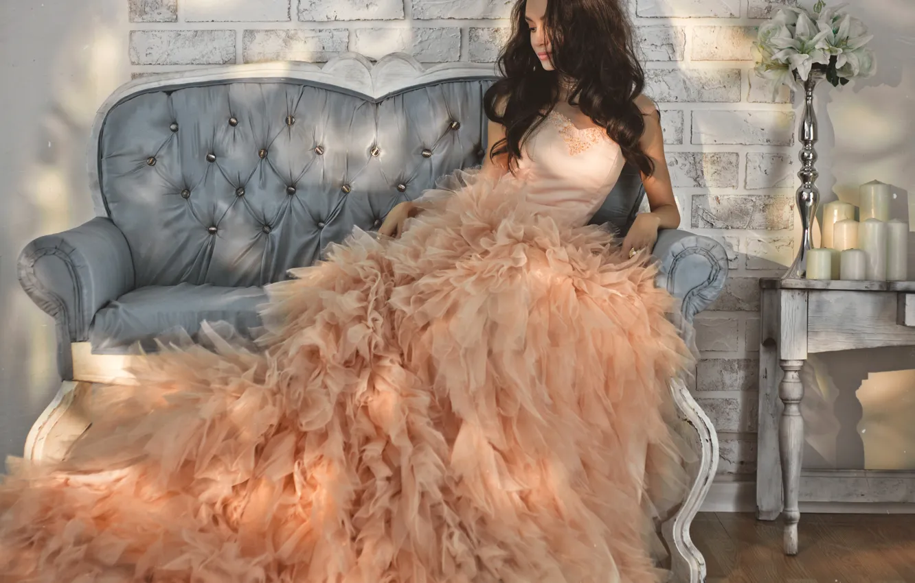 Photo wallpaper girl, sofa, dress, sitting, model, Korobkova Nadezda