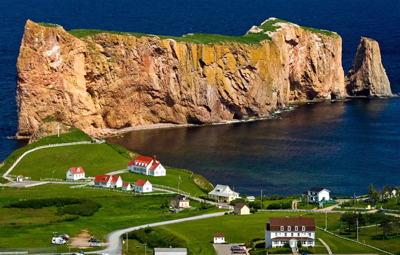 Photo wallpaper sea, trees, rocks, shore, home