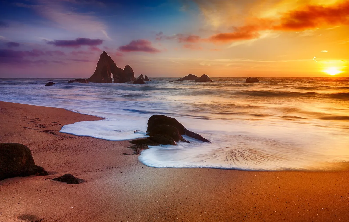 Photo wallpaper sand, sea, wave, beach, the sky, the sun, clouds, sunset