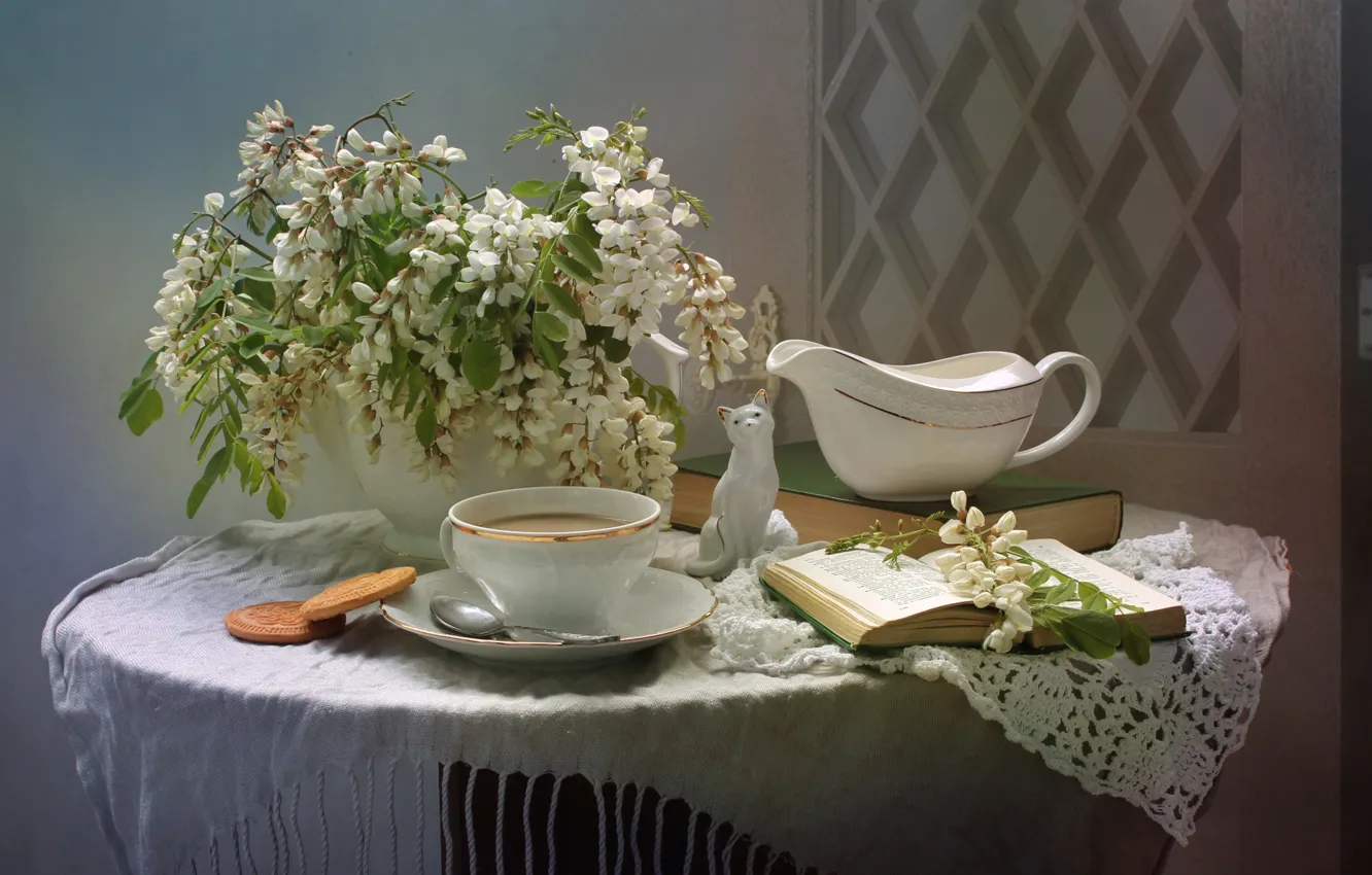 Photo wallpaper cat, coffee, book, figurine, still life, acacia