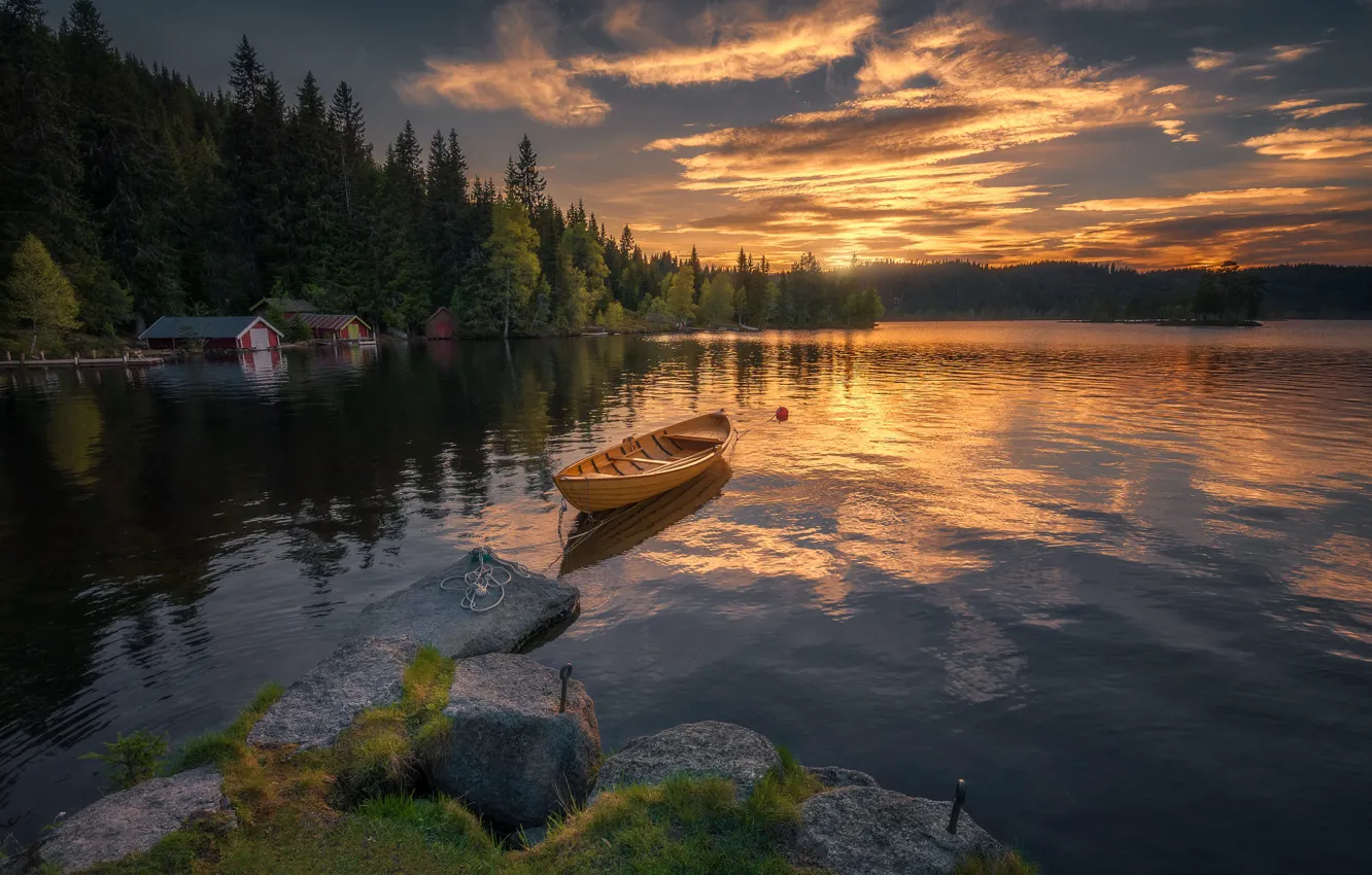 Photo wallpaper landscape, sunset, nature, lake, stones, shore, boat, home