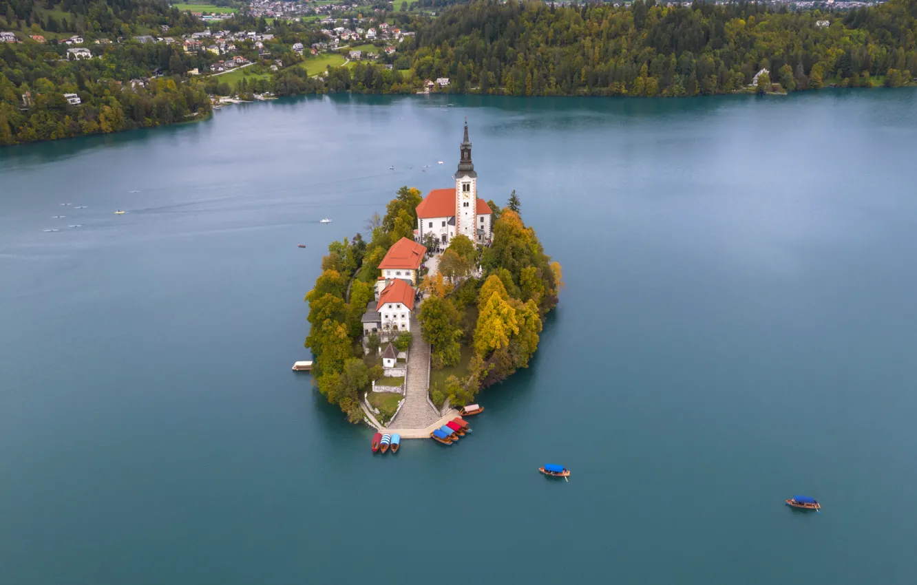 Photo wallpaper autumn, forest, shore, boat, island, pond, settlement, Slovenia