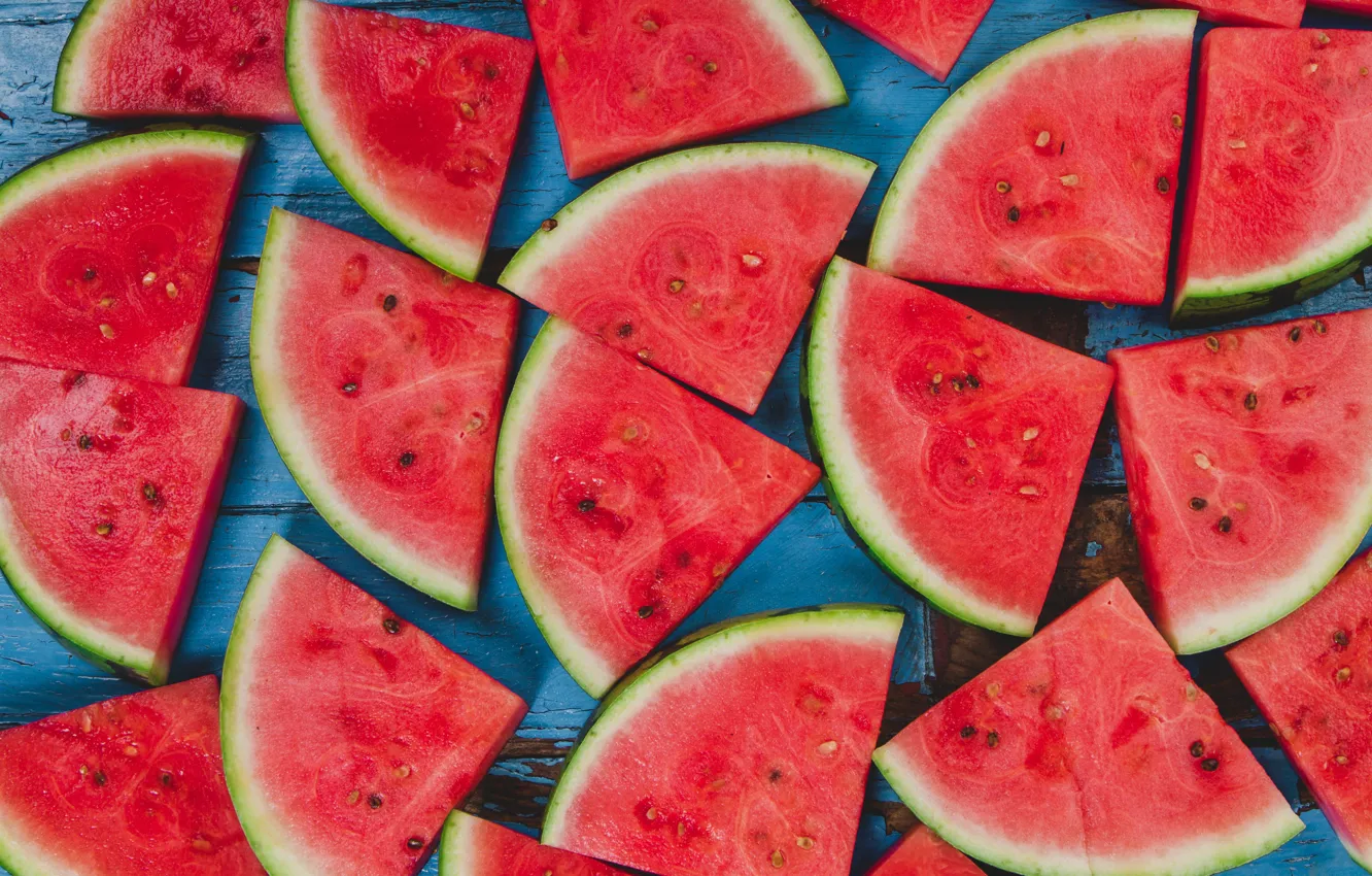 Photo wallpaper Board, watermelon, a lot, blue background, slices, slices, piece