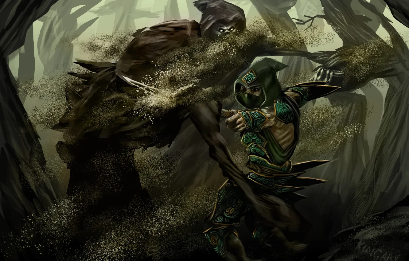 Photo wallpaper sand, forest, sword, warrior, art, hood, battle, hon
