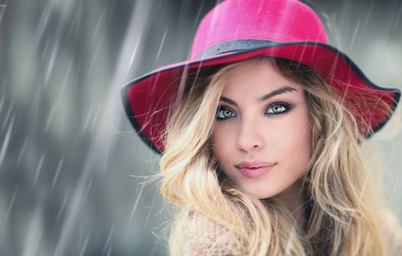 Photo wallpaper rain, portrait, hat, blonde, Alessandro Di Cicco