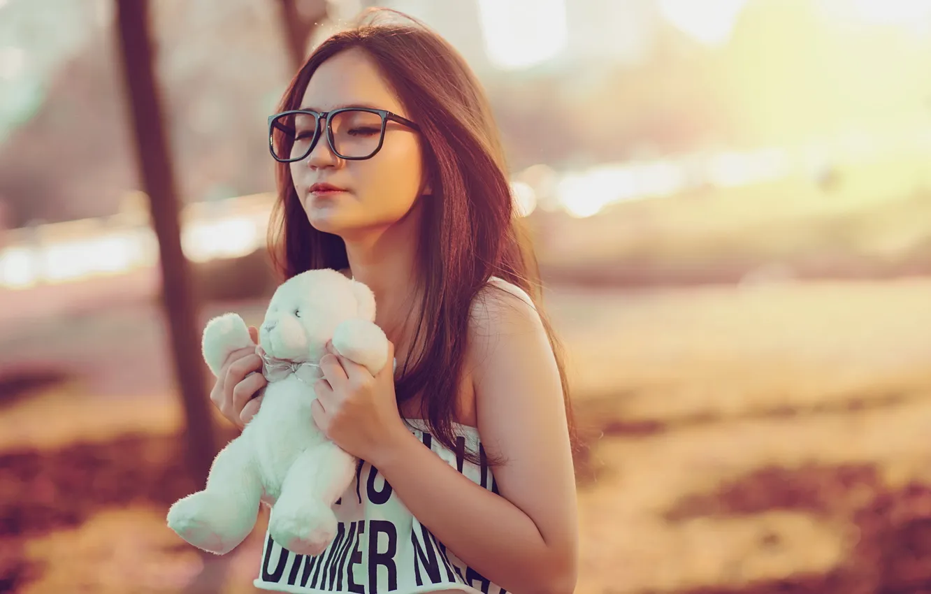 Photo wallpaper girl, bear, Asian