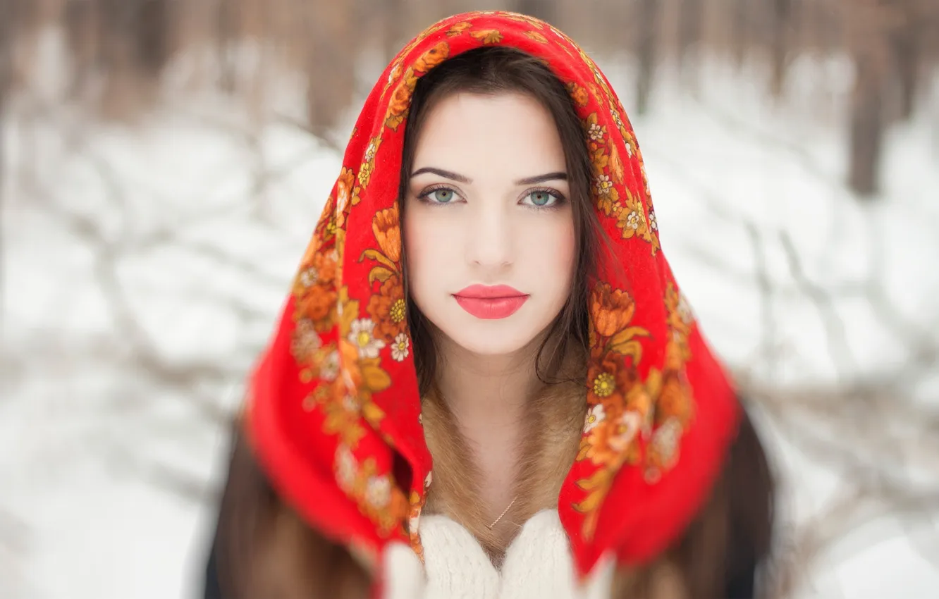 Photo wallpaper winter, look, girl, brunette, shawl