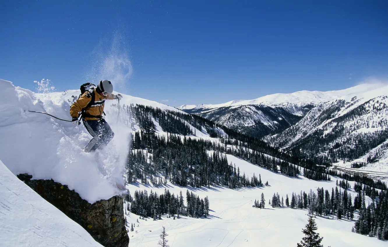 Photo wallpaper rock, the descent, tree, skier
