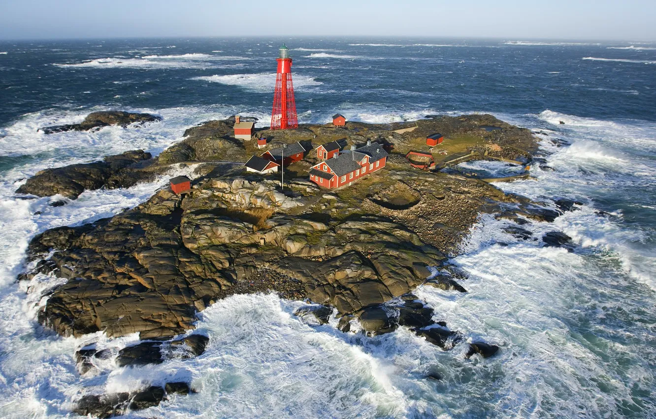 Photo wallpaper sea, the sky, stones, rocks, island, tower, home, the village