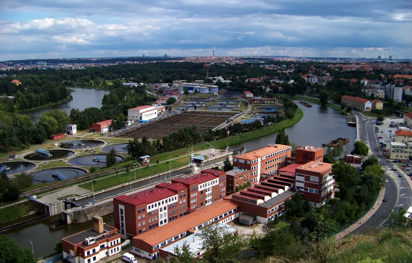 Photo wallpaper road, machine, the city, river, building, Prague, Czech Republic