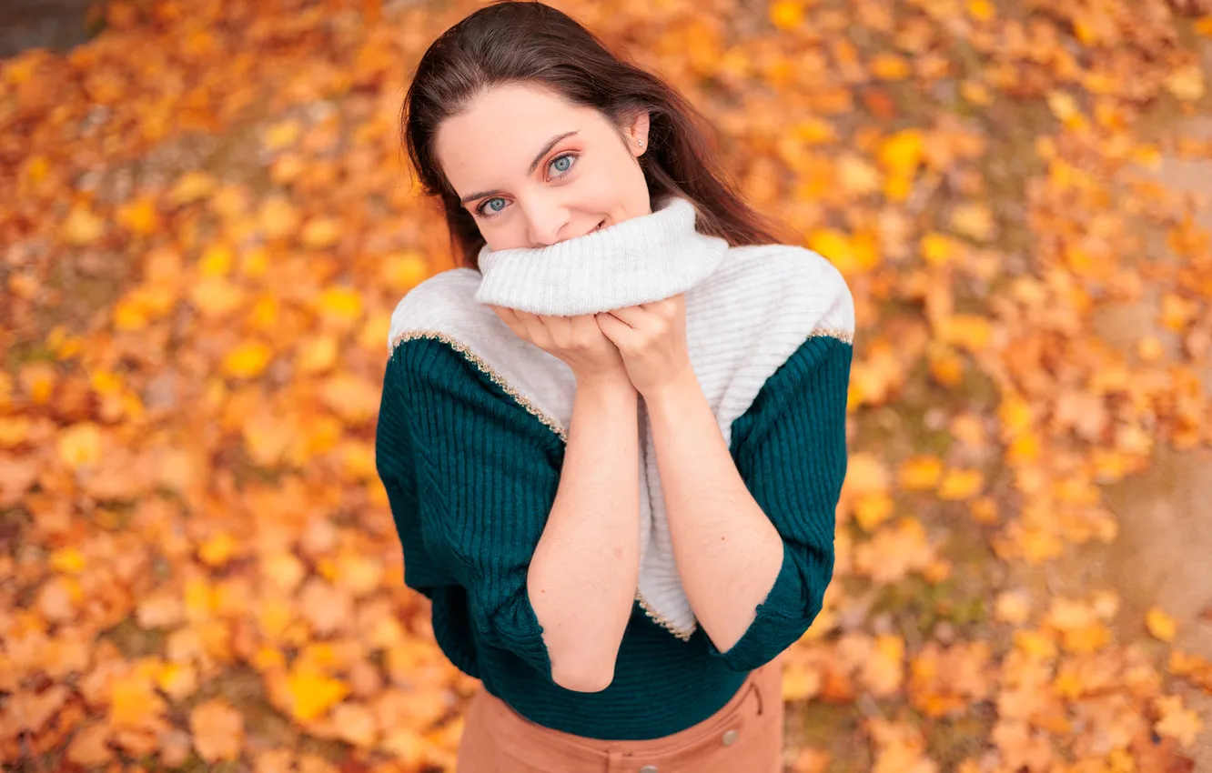 Photo wallpaper autumn, look, girl, nature, pose, smile, glade, foliage