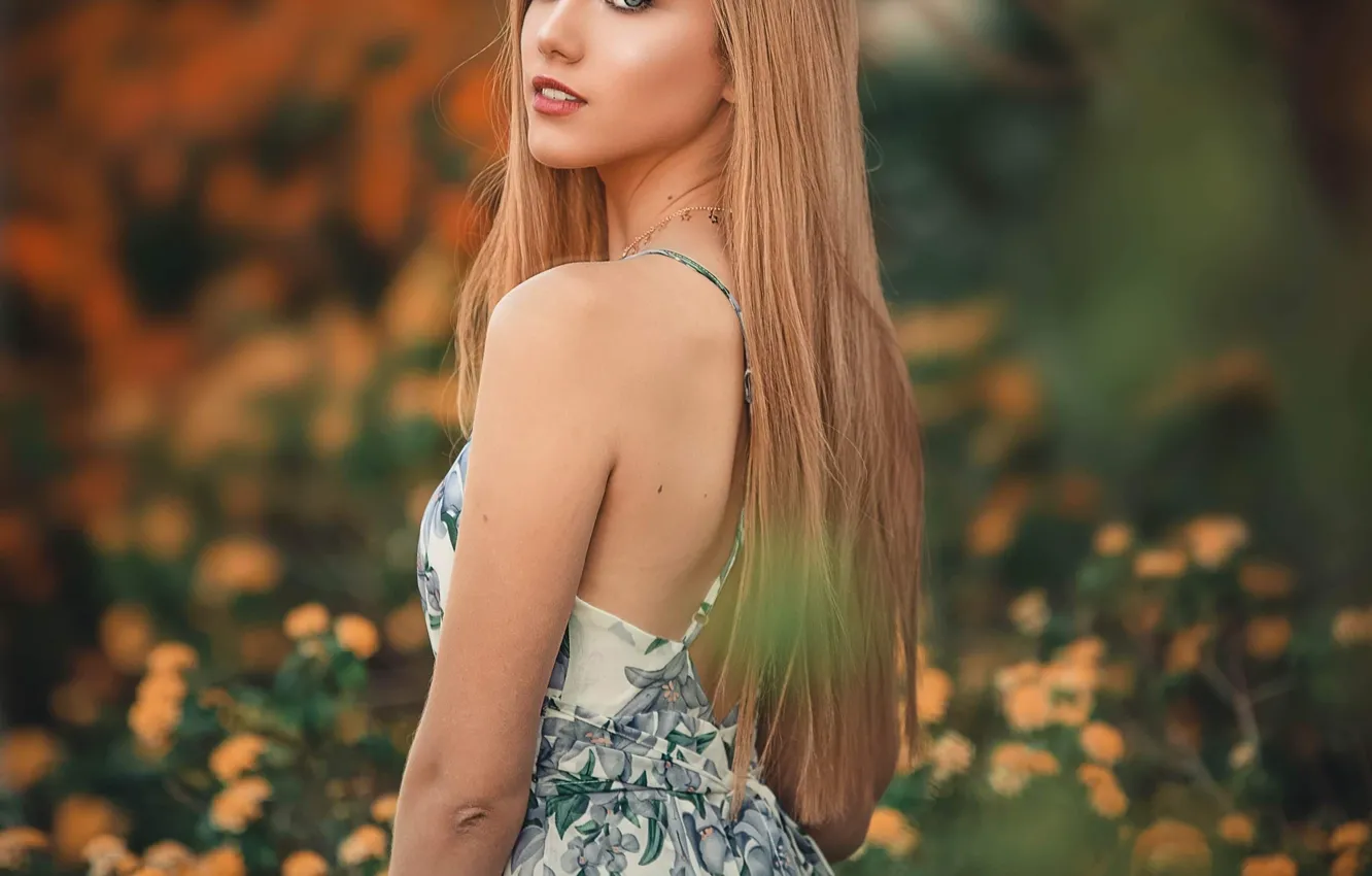 Photo wallpaper look, girl, flowers, nature, dress, Rus