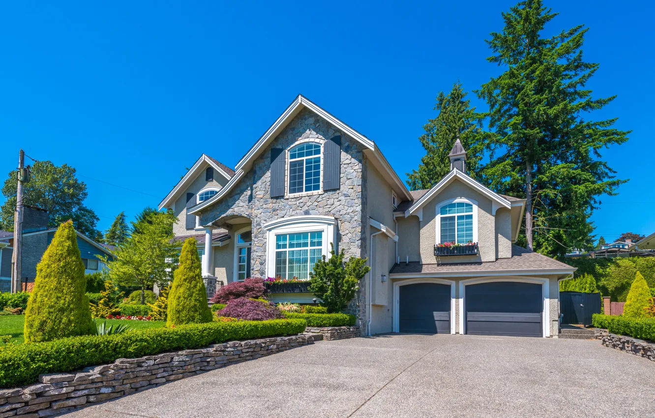 Photo wallpaper the sky, the sun, trees, flowers, design, lawn, home, mansion