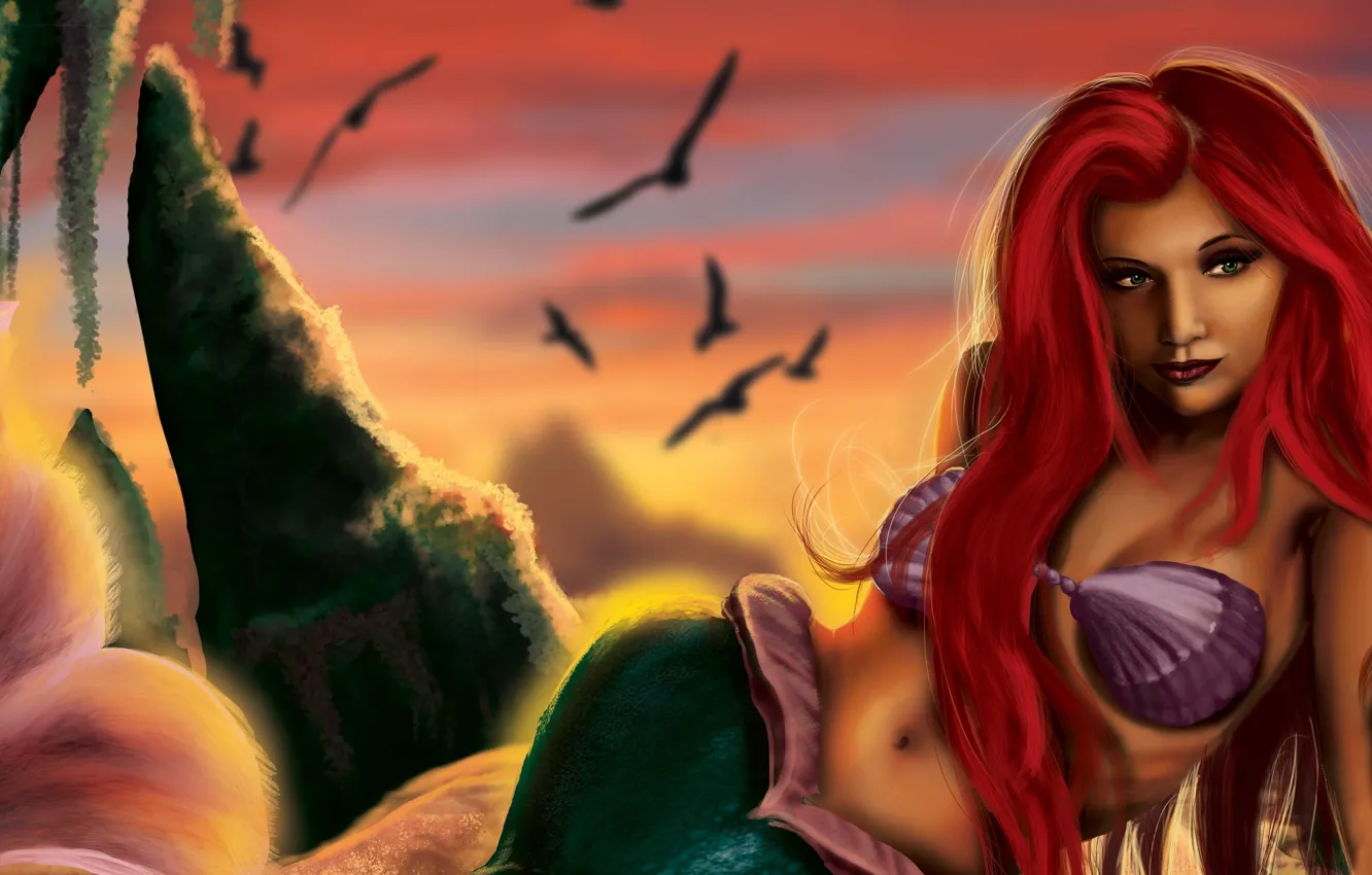 Photo wallpaper the sky, look, face, fiction, bird, mermaid, art, tail