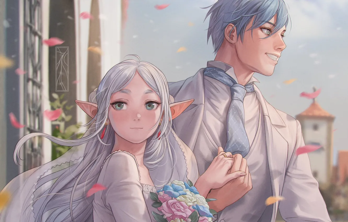 Photo wallpaper girl, flowers, elf, fantasy, guy, wedding, Sky, Freeze