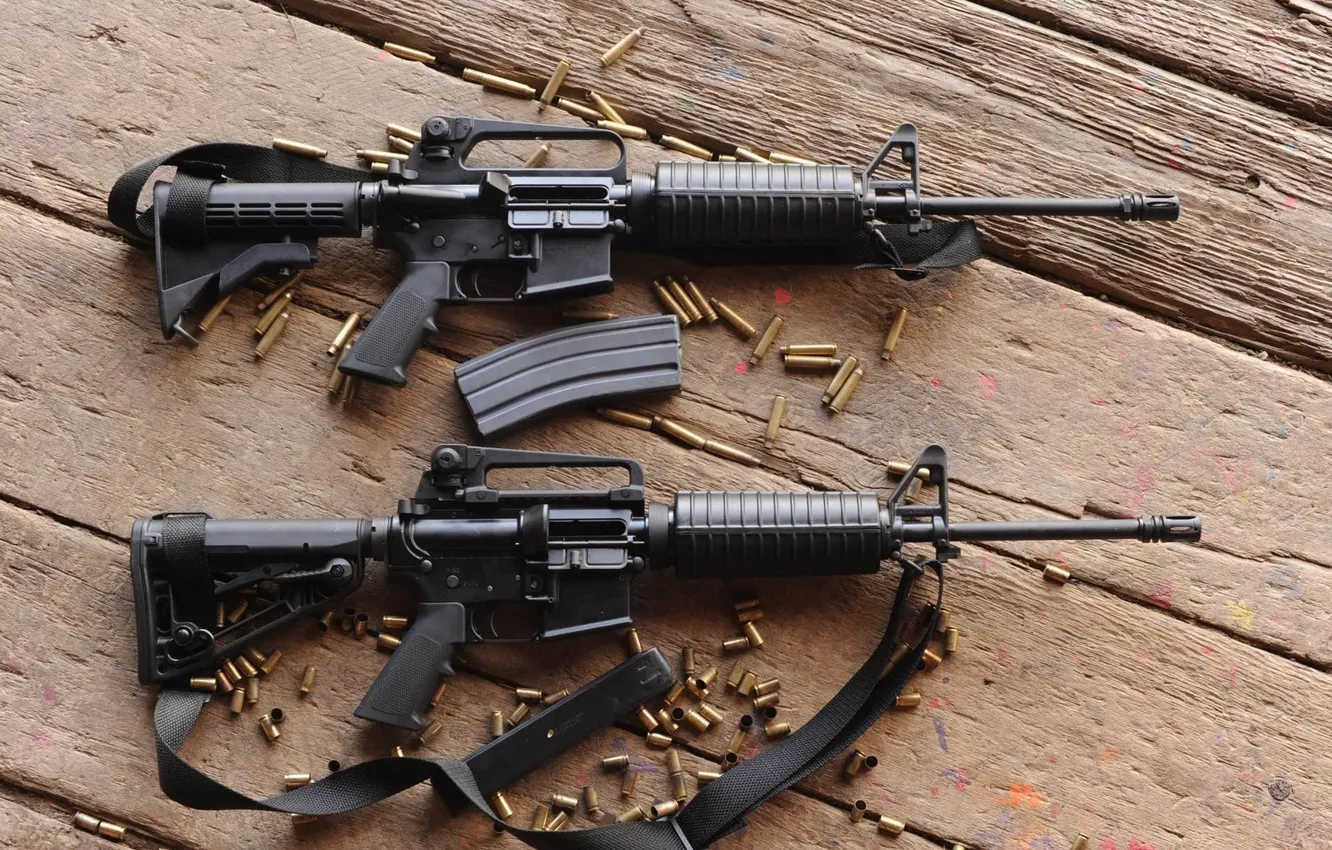 Photo wallpaper guns, wood, automatic rifles, ammunition used