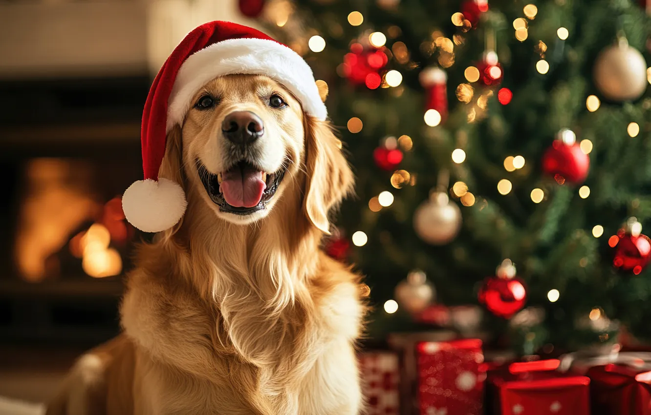 Photo wallpaper new year, dog, Christmas, Retriever, Christmas tree, the Santa hat, AI art, neural network
