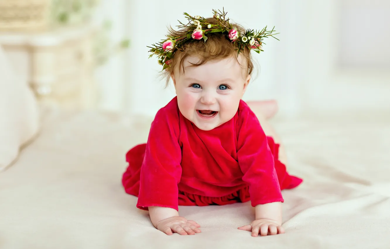 Photo wallpaper smile, child, dress, girl, wreath, baby, Smile, child