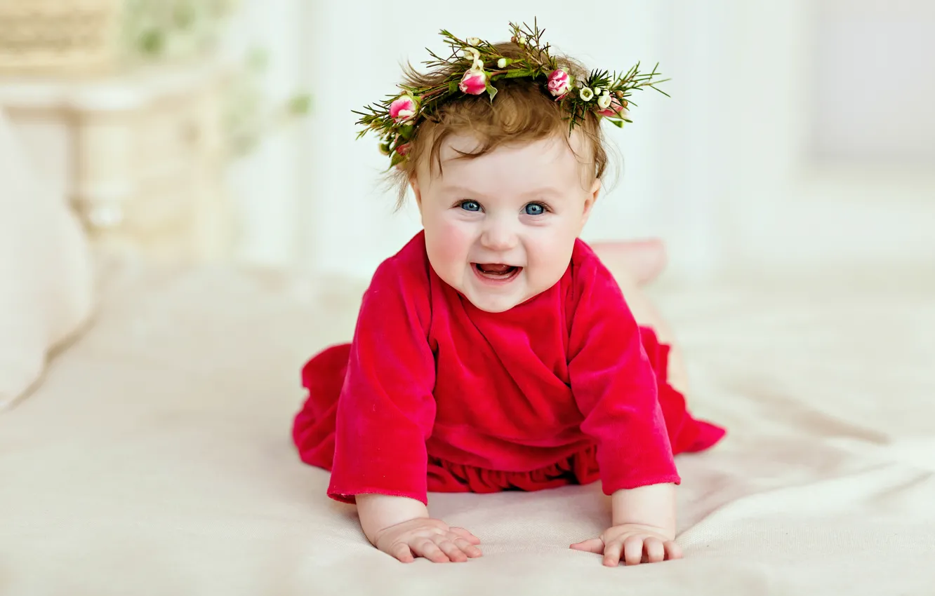 Photo wallpaper children, smile, dress, girl, wreath, baby, smile, child