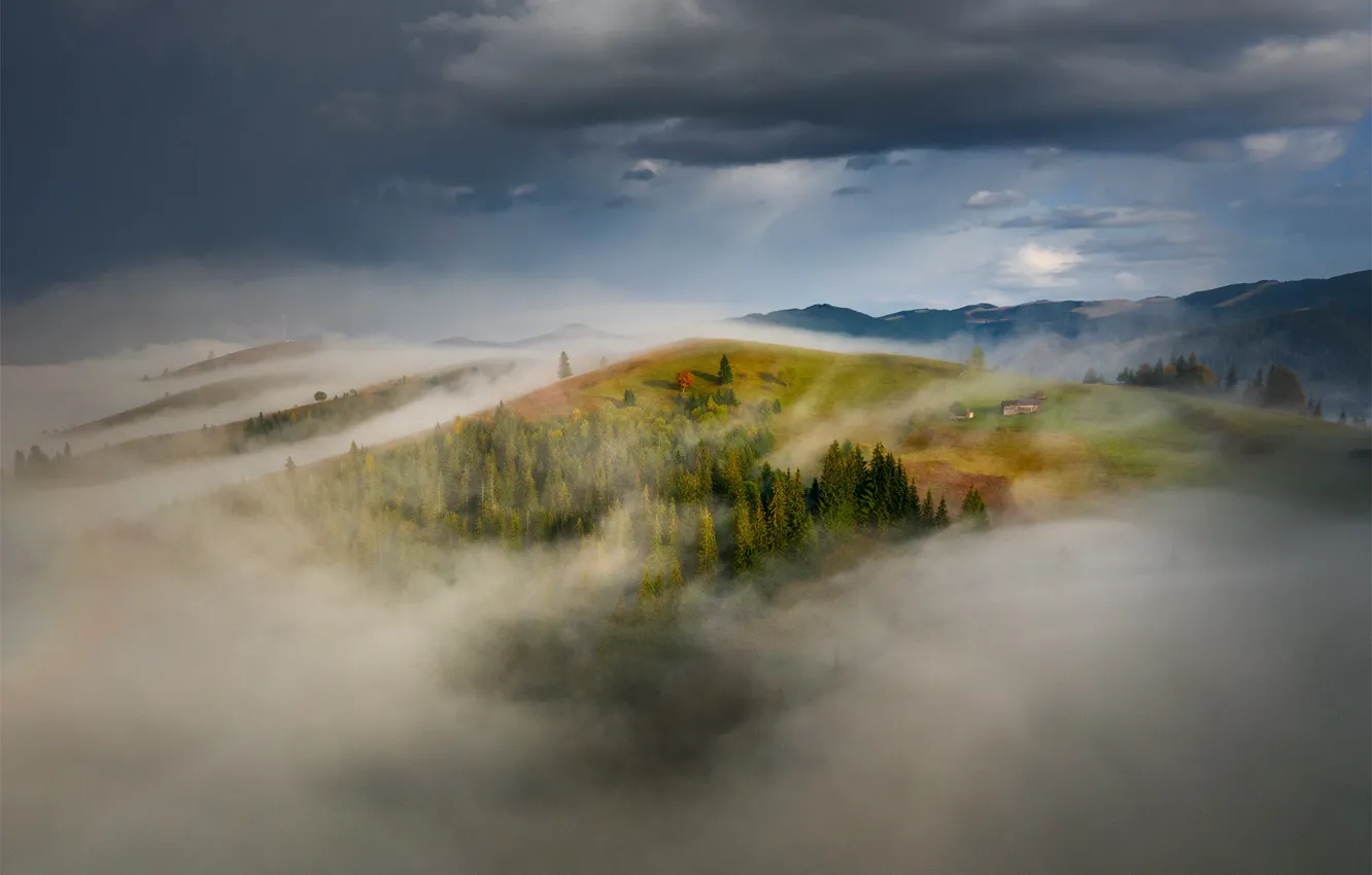 Photo wallpaper clouds, landscape, mountains, nature, fog, hills, morning, forest