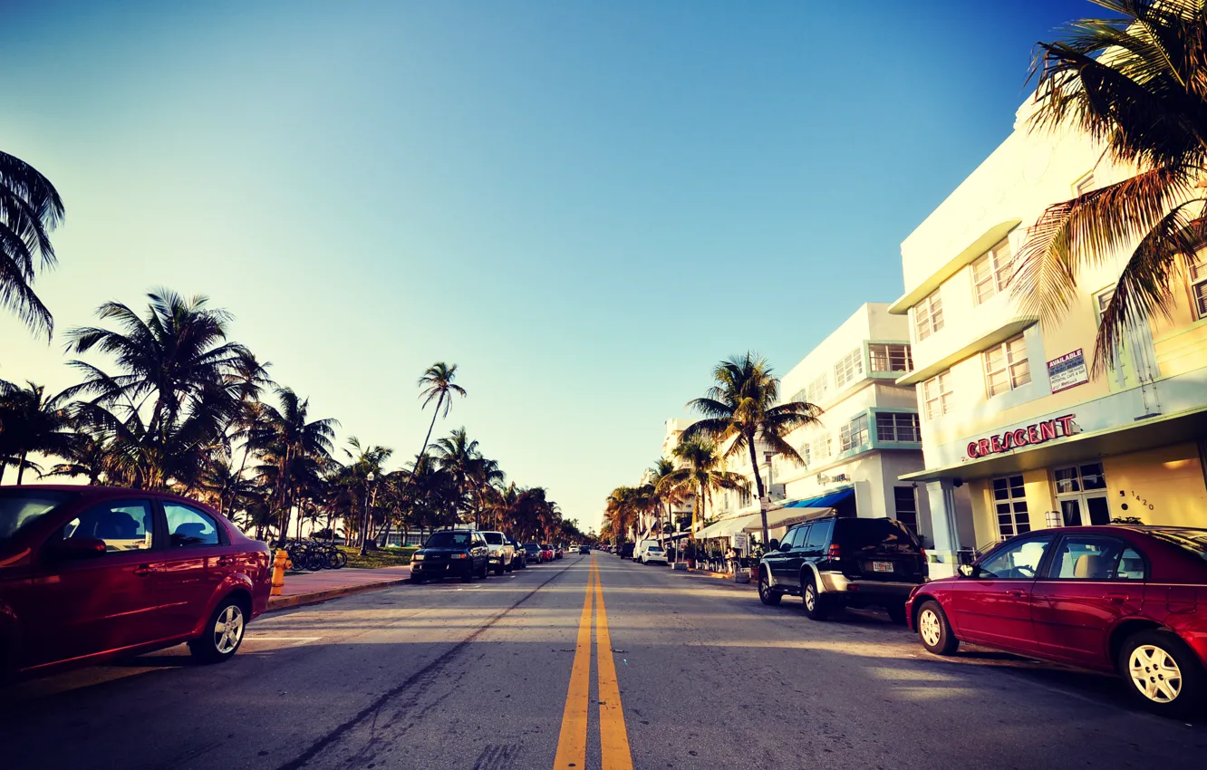 Photo wallpaper road, auto, the sky, palm trees, street, Miami, FL, the hotel