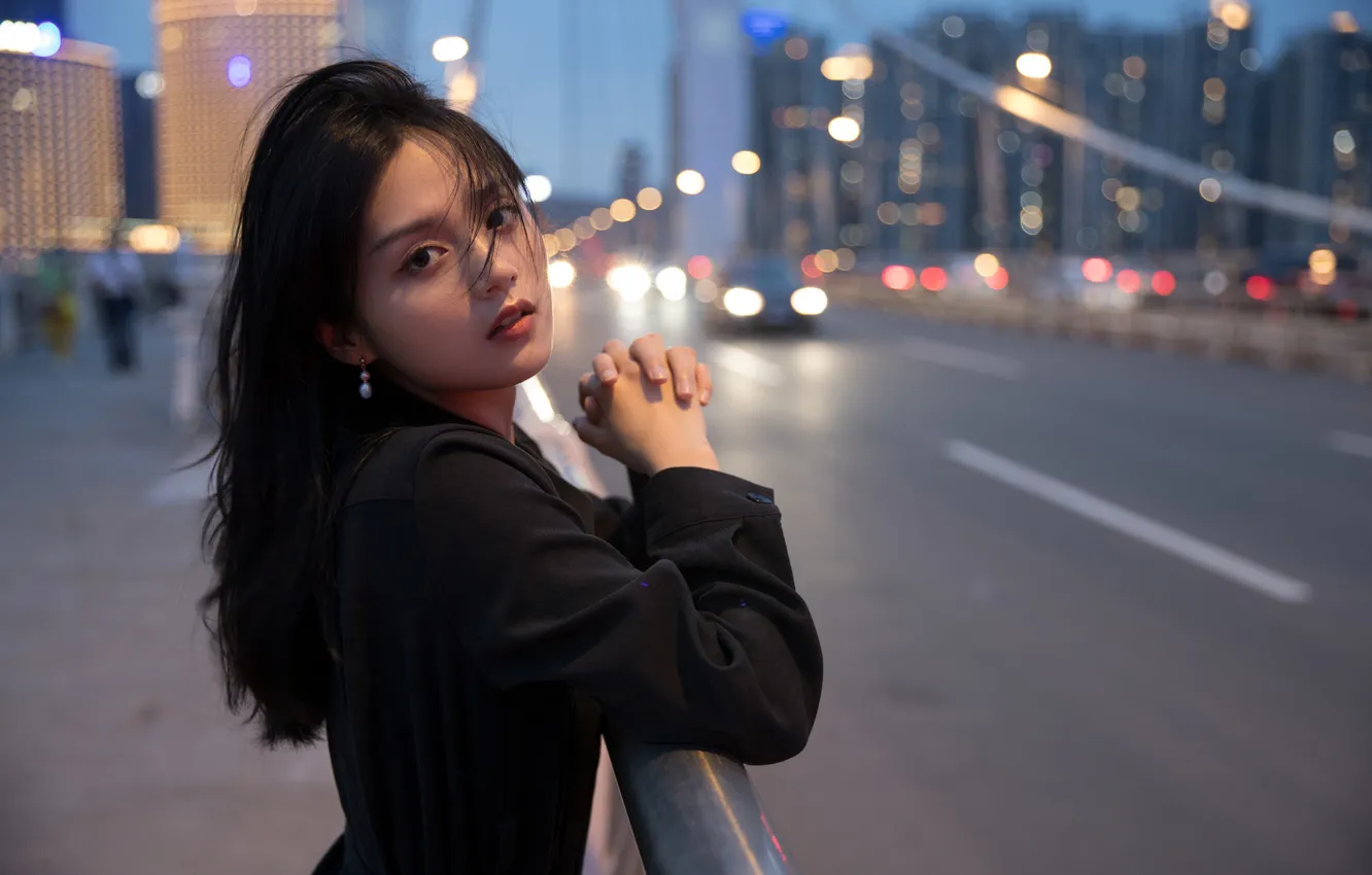 Photo wallpaper road, look, lights, model, portrait, the evening, hands, makeup