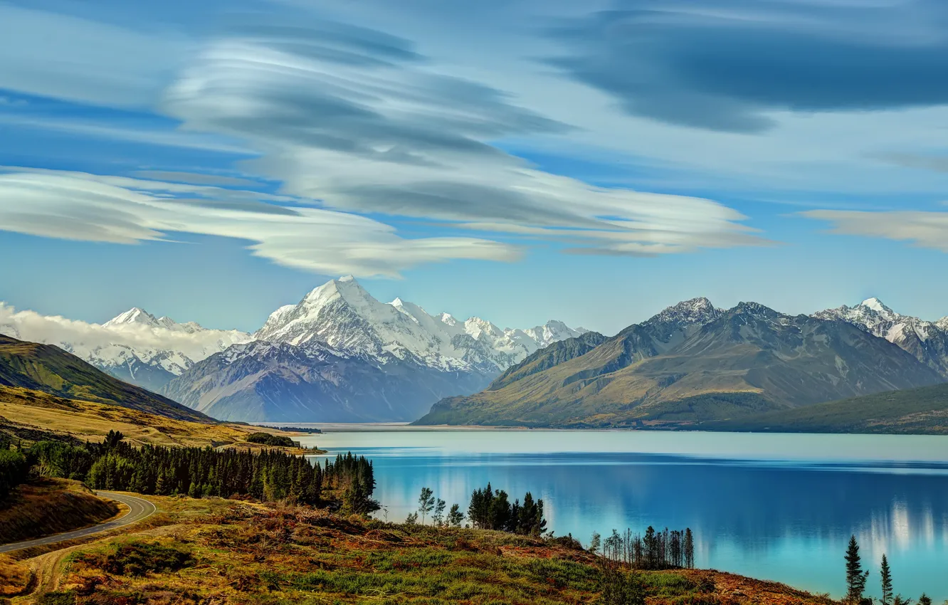 Photo wallpaper the sky, clouds, landscape, mountains, lake, island, new, pukaki south