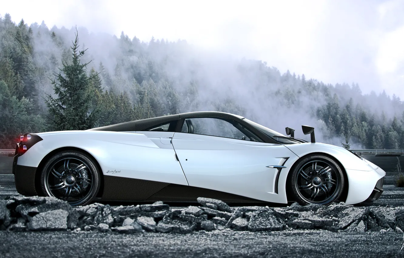 Photo wallpaper Pagani, White, Side, Road, Supercar, To huayr, Fog, Forest