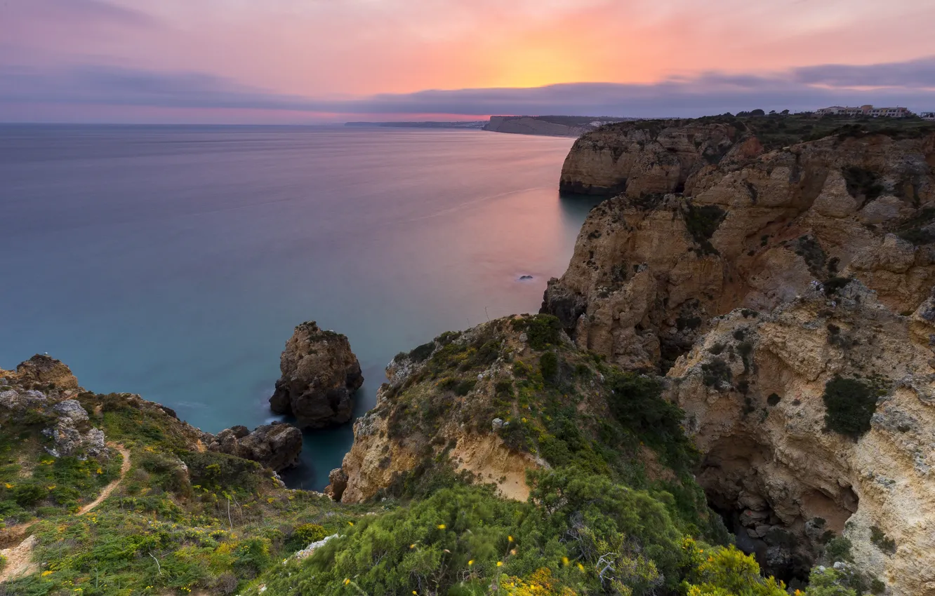 Photo wallpaper landscape, sunset, nature, the ocean, rocks, coast, Portugal, Ponta da Piedade