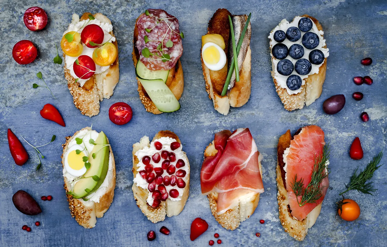 Photo wallpaper berries, cheese, bread, vegetables, baguette, cherry, sandwiches, ham
