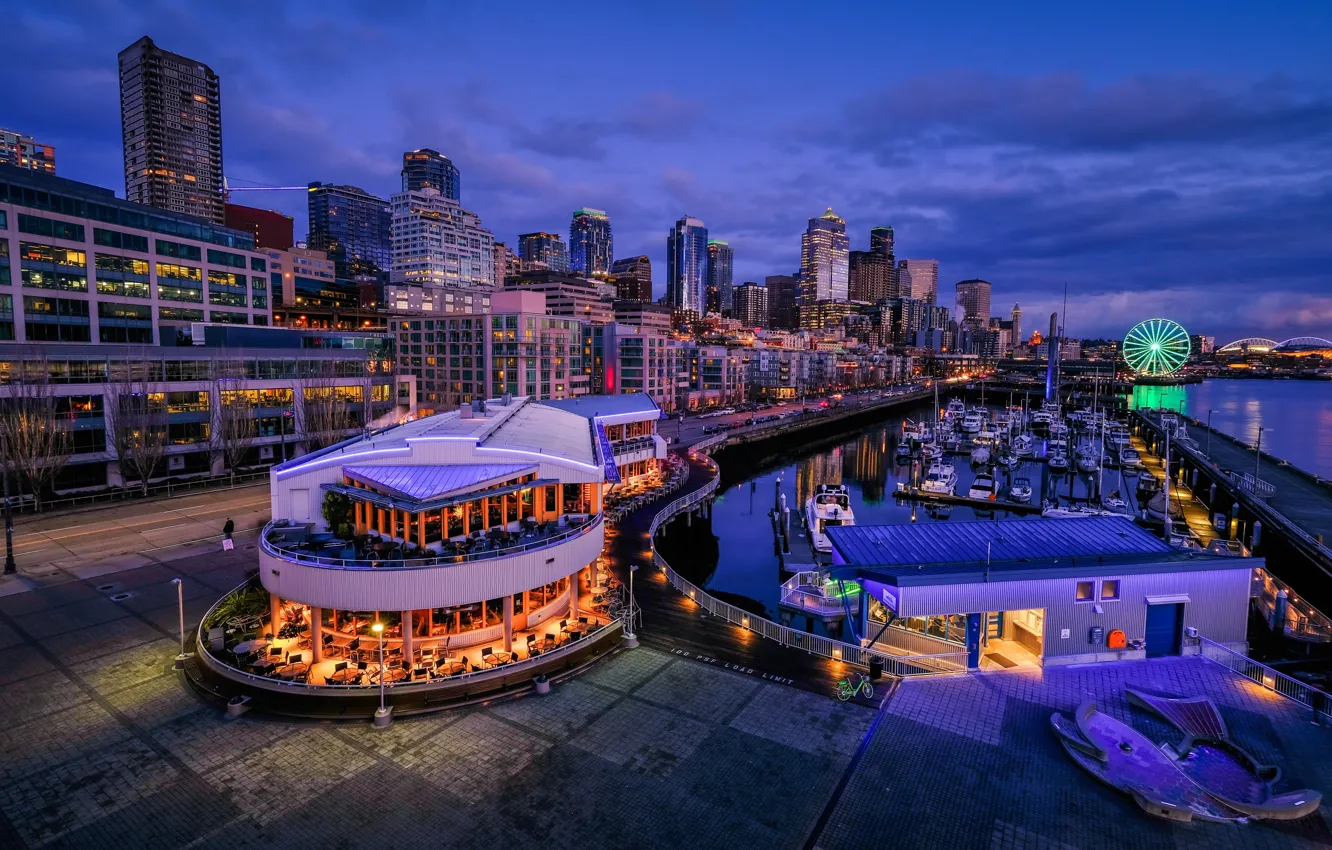 Photo wallpaper the sky, building, home, the evening, pier, cafe, Seattle, USA
