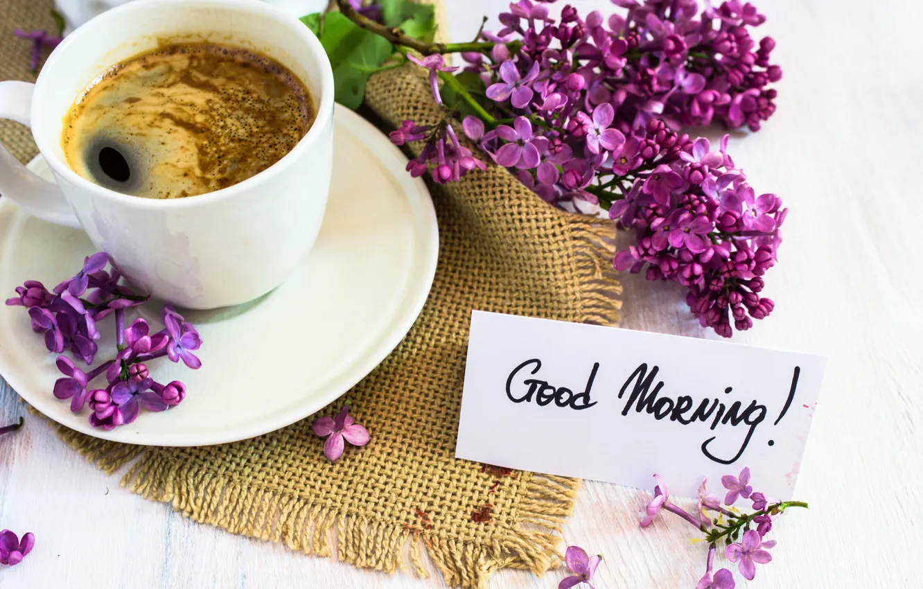 Photo wallpaper coffee, bouquet, morning, Cup, lilac
