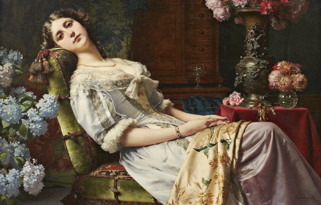 Photo wallpaper vase, interior, woman, stay, flowers