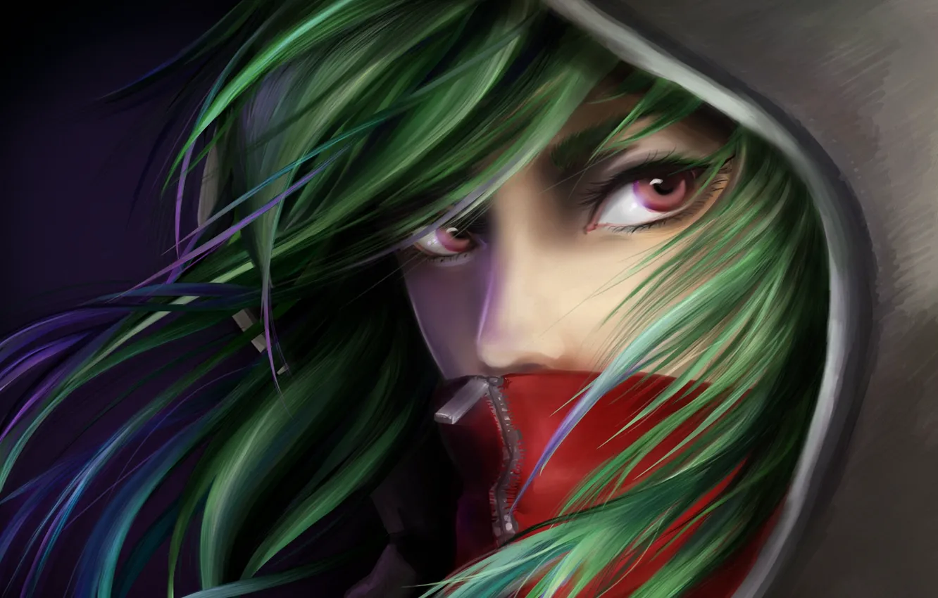 Photo wallpaper girl, art, hood, green hair, kagerou project, kido tsubomi, feyrise