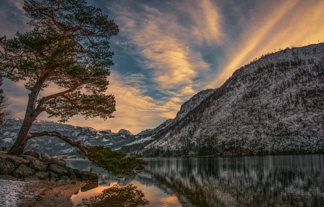 Photo wallpaper trees, landscape, sunset, mountains, nature, lake, stones, Grundlsee