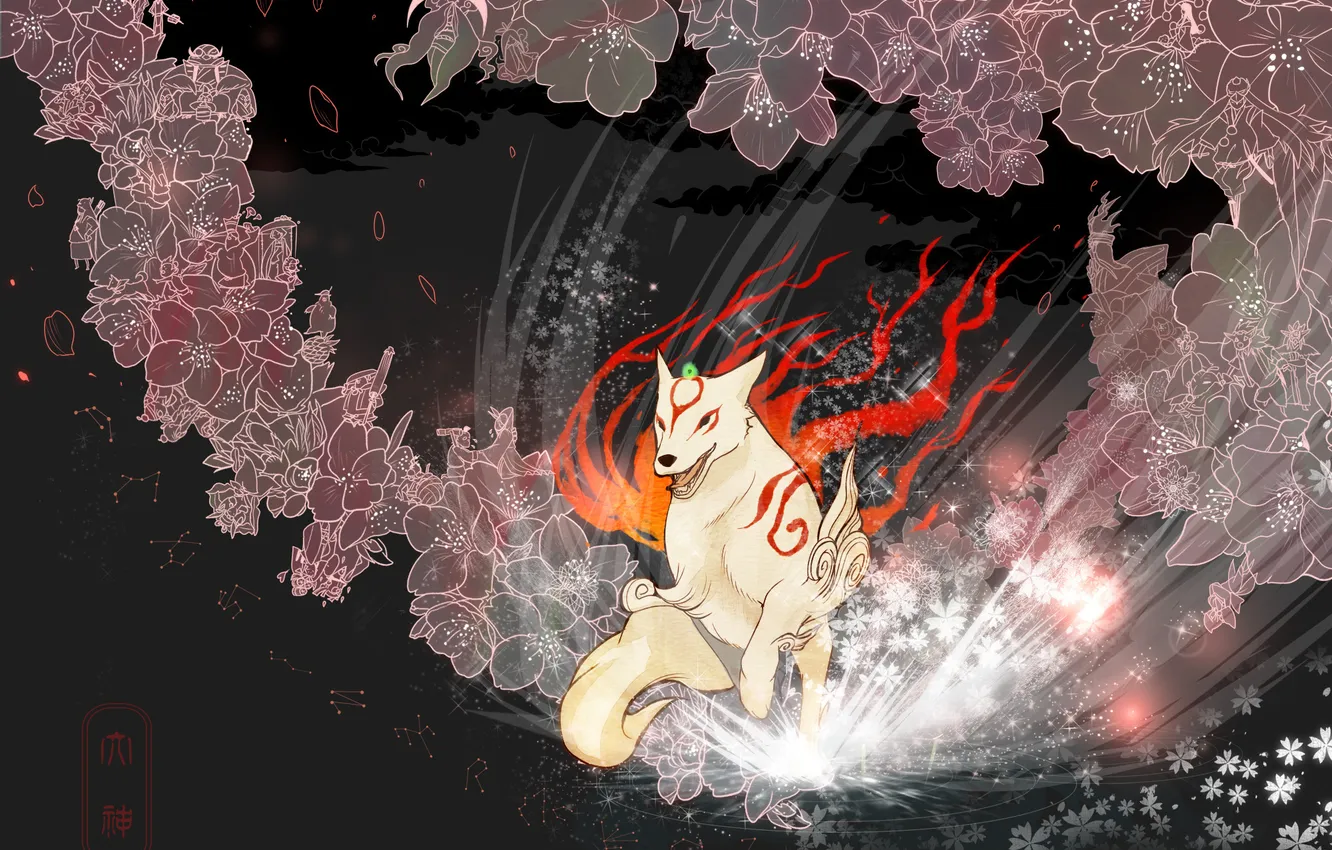 Photo wallpaper flowers, background, wolf, art, Okami, Amaterasu, ushiwakamaru, hiko