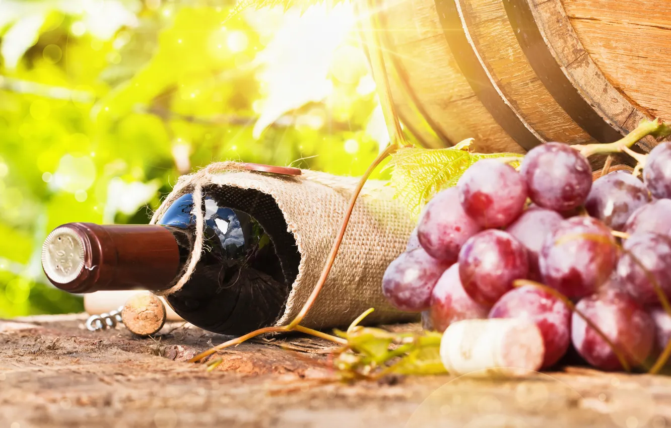 Photo wallpaper wine, glass, bottle, grapes, barrel, wine, grapes, drink