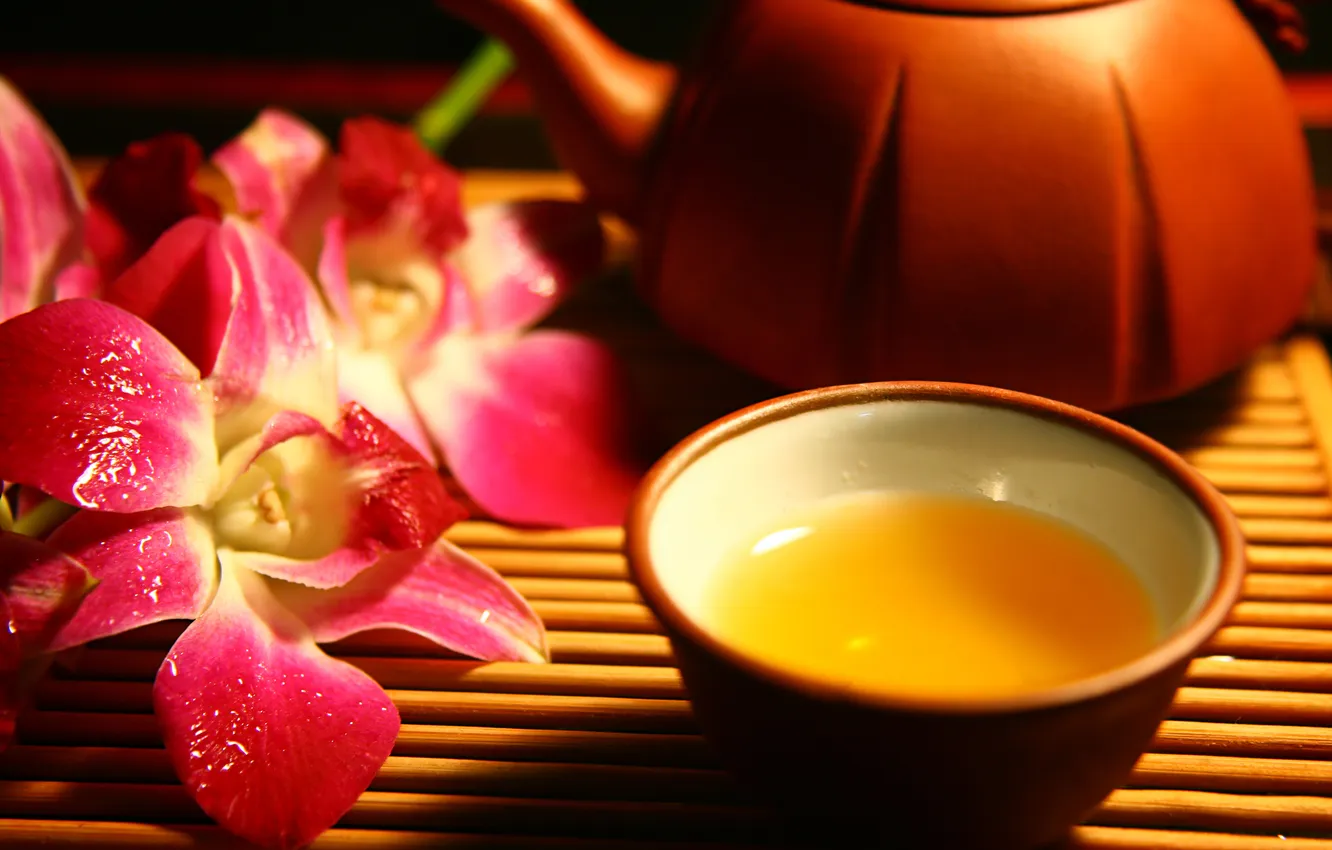 Photo wallpaper flowers, food, kettle, Cup, Orchid